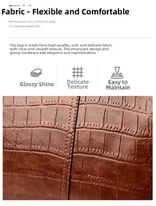 Macro detail of dark brown crocodile texture leather bag with elegant stitching