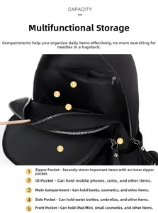 Detail view of the black nylon backpack showing multi-layer internal compartments and pockets