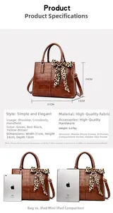 Brown crocodile embossed tote with leopard scarf and iPad size comparison view