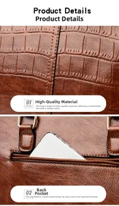Detail of brown croc-effect leather texture and back zipper pocket on the shoulder bag