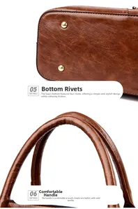Detail of dark brown faux leather bag with gold protective rivets and sturdy top handles