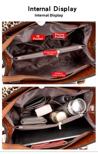 Detail view of large crocodile pattern bag interior with multiple functional compartments