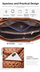 Detailed interior of brown crocodile pattern handbag with multi-compartment storage