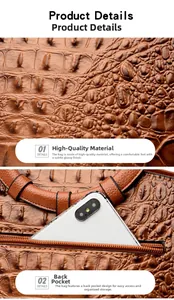 Detail of crocodile pattern leather bag featuring a functional back zipper pocket