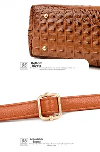 Detail of crocodile pattern bag showing gold protective studs and adjustable buckle
