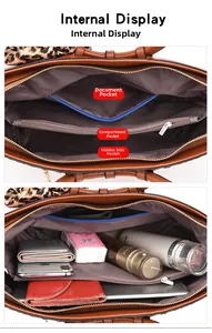 Detailed view of the brown tote bag's internal compartments and leopard scarf decor