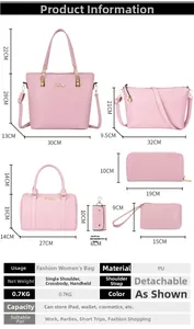 Size chart showing six-piece set pink crocodile pattern faux leather tote and bag dimensions