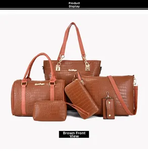 Detailed six-piece brown crocodile embossed tote bag set with golden hardware details