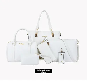 Detailed set of six white crocodile pattern bags including tote and accessories