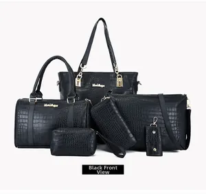 Detailed view of the 6-piece black crocodile pattern handbag set with gold hardware