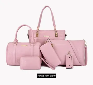 Detailed view of pink 6-piece handbag set with crocodile pattern and golden hardware