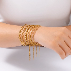 18k gold plated stainless steel stackable bracelet set with multiple chain designs