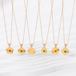 Golden titanium steel necklaces with diverse floral pendants and colorful gemstones