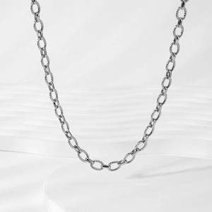 Detail of stainless steel O-chain necklace with alternating spiral texture and polished links