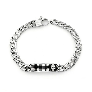Bracelet gourmette punk en acier inoxydable argenté avec plaque crâne pour homme