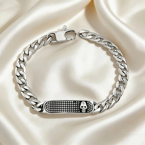Bracelet À Maillons Cubains En Acier Inoxydable Plaque D'identité Crâne Punk Rock Hip Hop Streetwear Bijoux Pour Hommes Femmes