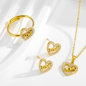 Parure Bijoux Coeur LOVE Acier Inoxydable Zirconium Strass Collier Boucles Oreilles Bague Ajustable Or Luxe