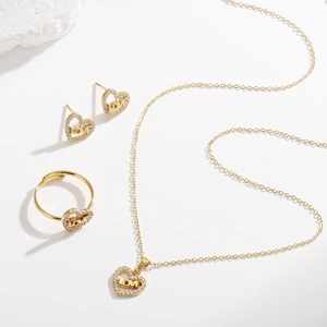 Parure de bijoux de luxe en acier titane doré avec cœur LOVE, boucles d'oreilles et bague