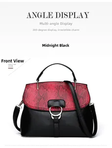 Front view of Midnight Black shell bag with red snake pattern flap and gold ring buckle