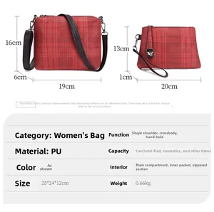 Detailed dimension guide for the red plaid PU leather handbag set showing exact sizes