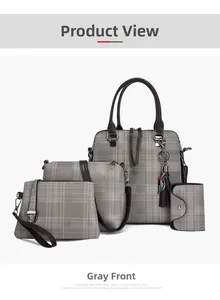 Front view of a 4-piece set of grey plaid tote, crossbody bag, clutch, and wallet