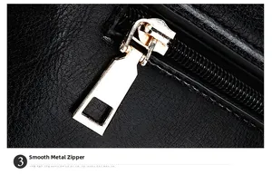 Detail of smooth gold-tone zipper on textured black PU leather shoulder bag