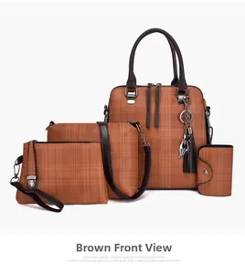 Detail view of brown checkered four-piece handbag set featuring a cat charm and silver hardware