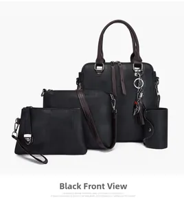 Front view of 4-piece black plaid handbag set with tassel and embossed texture