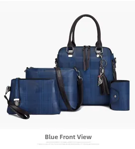 Detail of four-piece dark blue checkered handbag set with embossed synthetic leather