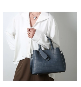 Detail of teal crocodile-patterned handbag showing structured leather and silver hardware