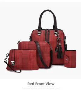 Detail view of red plaid handbag set including tote, crossbody bag, clutch and wallet