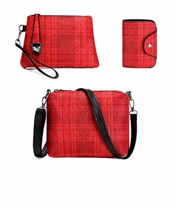 Detailed set of three red plaid handbags including a crossbody bag and wristlet