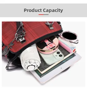Interior view of checkered tote bag showing large capacity for tablet and cosmetics