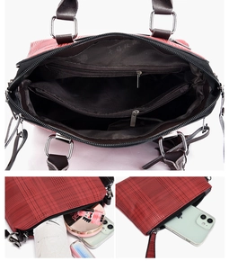 Detail of the multi-compartment interior layout showing storage capacity of checkered bag