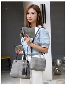 Gray plaid 4-piece handbag set featuring a tote with brown handles and tassel detail