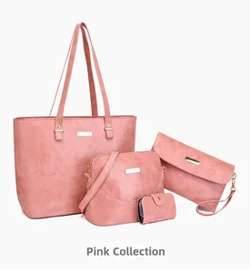 Pink synthetic leather handbag set of 4 including tote, crossbody, envelope, and card holder