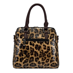 Modische Handtasche mit Leopardenmuster, Krokodilleder-Besatz und Silber-Beschlägen