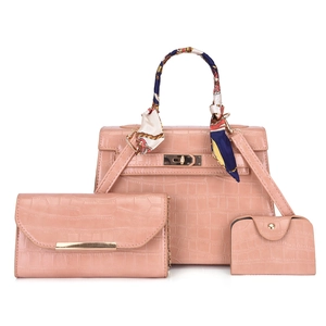 Pink faux crocodile leather handbag set with silk scarf handle and gold turn-lock