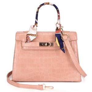 Pink embossed faux leather handbag with silk scarf handle and golden lock detail
