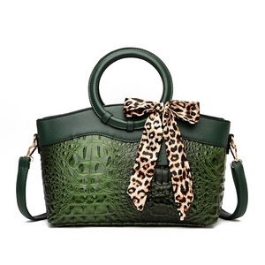 Women Large Capacity Retro Crocodile Pattern PU Leather Shoulder Bag Fashion Handbag With Leopard Scarf Bow Decor