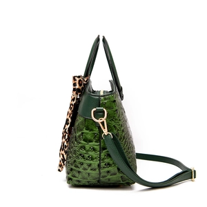 Dark green crocodile texture handbag with leopard scarf decoration and shoulder strap
