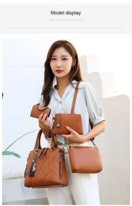 Brown 4-piece handbag set with tote, crossbody, clutch and purse shown with a model