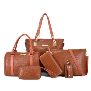 6-piece set of brown crocodile pattern tote bags and matching wallets for women