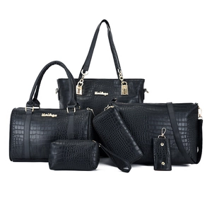 6-piece black crocodile pattern tote bag set with golden hardware and luxury finish
