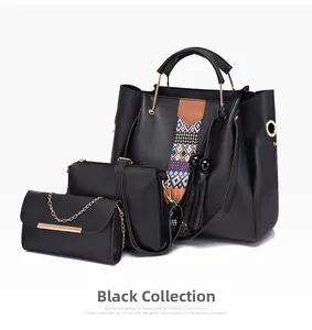 Ensemble de trois sacs noirs avec sangle bohème et pompon sur similicuir de qualité