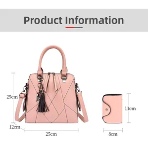 Detail showing pink quilted tote bag and matching purse with dimensions and tassel charm