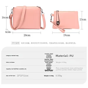 Detailed size chart for pink PU leather handbag set showing dimensions and compartments