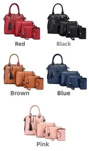 Detail set of women's PU leather bags in five colors with geometric stitching and tassels