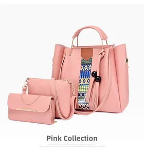 Détail du lot de 3 sacs roses en cuir PU avec bandoulière ethnique et texture grainée