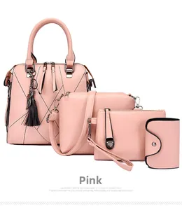 Pink 4-piece fashion handbag set with geometric stitching and silver tassel hardware details